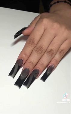 Black Glass Nail Designs, Sheer Black Nails Acrylic, Black Sheer Nails, Clear Black Nails, Sheer Black Nails, Ombre Chrome, Long Black Nails, Ombre Chrome Nails, Natural Acrylic