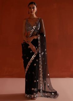 Black Mirror Embellished Net Saree Set Saree Angad Singh Black Net Saree, Mirror Work Saree, Leather Applique, Silver Blouse, Saree And Blouse, Zari Embroidery, Modern Saree, Padded Blouse, Desi Fashion Casual