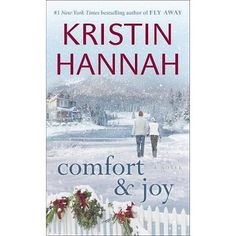 a book cover for comfort and joy with two people walking in the snow next to a fence