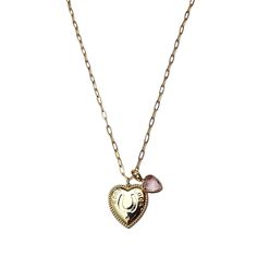 Deadstock gold plated micro paper lip chain w/ TSV gold plated charm. Adjustable in length from 17-21 in. Trendy Gold Plated Heart Charm Necklaces, Trendy Gold Heart Necklace With Adjustable Chain, Valentine's Day Gold Plated Charm Necklace, Gold Heart Pendant Charm Necklace With Adjustable Chain, Gold-plated Chain Necklace With Heart Charm, Trendy Gold Charm Necklaces For Valentine's Day, Trendy Gold Heart Pendant Charm Necklace, Gold Heart Pendant Necklace Trendy, Trendy Gold Heart Pendant Necklace