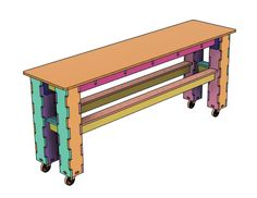 a bench made out of wood with wheels on the bottom and one section painted multicolored