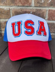 Red White and Blue Foam Cap Added Chenille Patches on the front Red Casual Baseball Cap For 4th Of July, Patriotic Sports Hats One Size Fits Most, Red Patriotic Hat, One Size Fits Most, Patriotic Sports Hats One Size, Patriotic Red Adjustable Trucker Hat, Red Adjustable Trucker Hat For 4th Of July, Patriotic Snapback Sports Hat, Red Trucker Hat With Curved Brim For Sports Events, Red Baseball Cap For 4th Of July