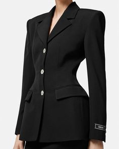 Luxury Tailored Elegant Blazer, Designer Fitted Luxury Blazer, Luxury Structured Fitted Blazer, Luxury Designer Structured Blazer, Hourglass Jacket, Versace Women Clothing, Versace Jacket Women, Versace Black Blazer, Hourglass Blazer