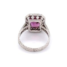 For Sale on 1stDibs - Simply Beautiful Cushion Pink Sapphire and Diamond Gold Ring. Center securely set with a Cushion Pink Sapphire weighing 3.75 Carat. Amazing color. Surrounded Formal Multi-stone Rectangular Ring, Estate Style Formal Rings With Gemstones, Estate Style Collectible Gemstone Jewelry, Estate Style Gemstone Wedding Rings, Estate Style Gemstone Rings For Anniversary, Vintage White Gold Ruby Ring, Collectible Gia Certified White Gold Jewelry, Estate Diamond Jewelry Gift, Vintage Gia Certified Ruby Ring For Formal Occasions