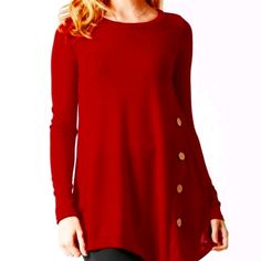 Long Blouse With Buttons On The Side Very Cute New With Tags Casual Red Blouse For Winter, Red Crew Neck Blouse For Fall, Casual Long Sleeve Burgundy Blouse, Burgundy Long Sleeve Top With Buttons, Fall Crew Neck Blouse With Buttons, Red Long Sleeve Solid Color Top, Casual Red Long Sleeve Blouse, Casual Burgundy Blouse For Fall, Chic Red Crew Neck Blouse