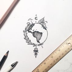 a pencil drawing of the earth surrounded by leaves and arrows with a ruler next to it