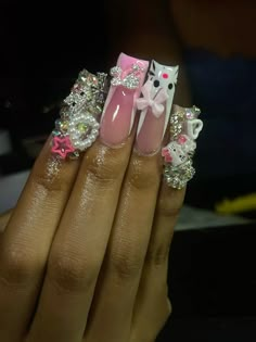 @bodiedbybella on ig Fye Nails, Junk Nails, Kitty Nails, Summer Acrylic, Hello Kitty Nails, Long Square Acrylic Nails