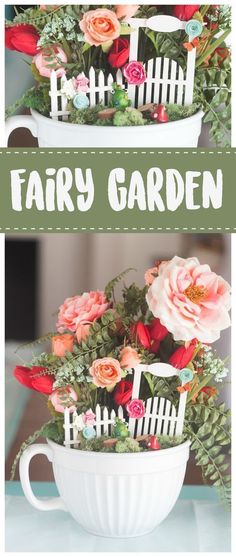 two pictures with flowers in them and the words fairy garden written on top of it