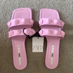 Brand New With Tags Pink Flat Sandals For Day Out, Zara Flat Sandals For Vacation, Zara Flat Sandals For The Beach, Pink Zara Sandals For The Beach, Zara Flat Sandals For Summer, Zara Trendy Flat Heel Sandals, Zara Casual Sandals For Party, Zara Casual Sandals For Summer, Zara Pink Open Toe Sandals