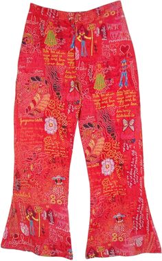 A pair of very unique and one-of-a-kind Scarlett hued rayon pants with a bohemian style all-over print.  The straight leg wide bell-bottoms trousers look very distinct, they come with an elastic at the back for comfort and a button enclosure. #tlb #SplitSkirtsPants #Peasant #vacationclothing #Fall #Printed #Paisley #bohemianfashion #HippiePants #70sPants #RedHippiePants Red Hippie Pants For Summer, Red Hippie Summer Pants, Summer Red Hippie Pants, Red Cotton Hippie Pants, Hippie Red Cotton Pants, Cotton Festival Bottoms, Hippie Style Cotton Bottoms For Spring, Bohemian Stretch Bottoms For Festivals, Fitted Cotton Bottoms For Festivals