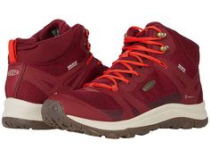 KEEN Terradora II Mid WP - Women's Shoes : Rhubarb/Jam : The KEEN Terradora II Mid WP all-terrain boots have a waterproof, PFC-free fabric and synthetic upper that is perfect for keeping you comfortable on difficult hikes and moist trails. Lace-up waterproof high-top hiking boot with a supportive synthetic and fabric upper. KEEN.Dry waterproof, breathable membrane keeps out the wet elements while providing a drier, more comfortable interior. Quick-drying mesh interior lining. Cushioned textile f Waterproof Lace-up Nylon Boots, Sporty Insulated Sneakers For Outdoor, Functional Nylon Walking Boots, Functional Nylon Boots For Walking, Weatherproof Nylon High-top Boots, Weatherproof High-top Nylon Boots, Red Mid-top Outdoor Sneakers, Red Mid-top Sneakers For Outdoor, Sporty Waterproof Lace-up Boots