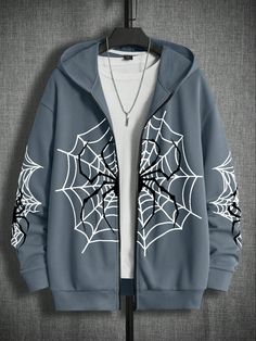 Loose Fit Men's Spider Web Printed Zippered Hoodie Without T-Shirt Dusty Blue Casual  Long Sleeve Knitted Fabric Animal,Geometric  Slight Stretch  Men Clothing, size features are:Bust: ,Length: ,Sleeve Length: Cool Hoodies Designs For Men, Aesthetic Clothes For Boys, Shein Outfits For Men, Men’s Hoodies, Spider Man Clothes, Shein Hoodies, Zip Up Hoodies Men, Ghostface Hoodie, Graphic Zip Up Hoodies