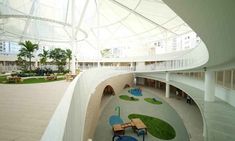 the inside of a large building with lots of green plants and benches on the ground