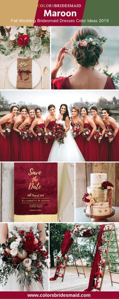 a collage of red and gold wedding colors with flowers on the bottom, brides in