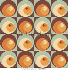 an abstract pattern with circles and dots in brown, blue and orange colors on a green background