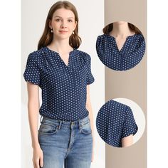 It's a good versatile blouse that could be worn anytime. Whether you're in the office or out on the town, this dot-printed shirt is perfect for any occasion. The v-neck design sits on a blouse, which adds a feminine touch. It features a classic split neck, short sleeves, and dot patterns. A split-neck shirt with short sleeves keeps the look classic and charming. Style it with your favorite shorts and heels for a stylish look. Printed Short Sleeve Blouse For Work, Polka Dot Short Sleeve Blouse For Work, Office Tops, Office Top, Dot Patterns, Work Office, Womens Clothing Sizes, Polka Dot Print, Dot Print