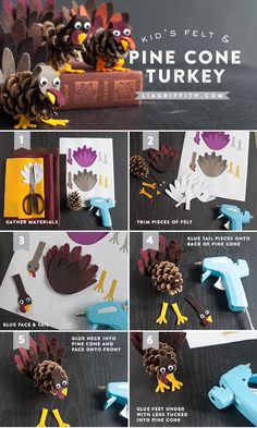 the instructions for how to make pine cone turkeys with construction paper and glue on them