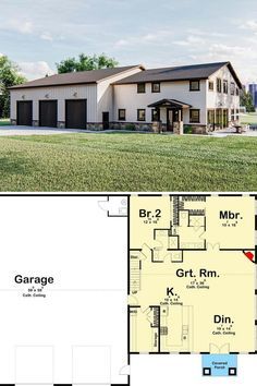 two story house plans with garage attached to the front and back of the house, along with an open floor plan