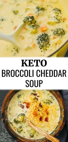 broccoli cheddar soup in a bowl with a spoon on the side