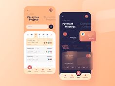 two mobile phones with payment options on the screen and an uploading project on the back