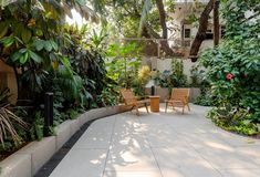 two wooden chairs sitting on top of a patio next to trees and plants in front of a building