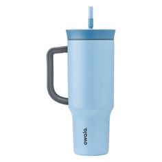 thermos travel mug with handle is light blue