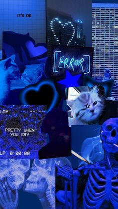 there is a collage with blue images and words in the background that include cats