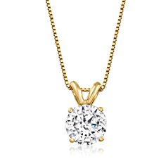 Ross-Simons - 1.00 Carat Diamond Solitaire Necklace in 14kt Yellow Gold. 20". A quintessential statement for a true diamond lover! Our 1.00 ct. t. w. round brilliant-cut diamond solitaire necklace exudes a stunning display of classic beauty and resplendence. Finely crafted in polished 14kt yellow gold and suspended from a box chain with a lobster clasp. Diamond solitaire necklace. Diamond birthstones are the perfect gift for April birthdays. Anniversary Yellow Gold Solitaire Necklace Vvs Clarity, Anniversary Vvs Clarity Yellow Gold Solitaire Necklace, Timeless Solitaire Yellow Gold Diamond Necklace, Timeless Solitaire Diamond Necklace In Yellow Gold, Wedding Diamond Necklace With Vs Clarity, Classic Diamond Necklace For Formal Occasions, Yellow Gold Solitaire Necklace With Brilliant Cut Cubic Zirconia, Anniversary Diamond Necklace With Vs Clarity, Diamond Necklace With Vs Clarity Round Pendant