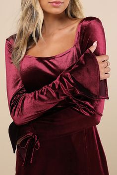 Everyone will instantly be awestruck when you walk in wearing the Lulus Joyful Poise Burgundy Velvet Long Sleeve Mini Dress! This luxe velvet dress starts with a darted bodice, a trendy square neckline, and long sleeves with flared cuffs and dainty tying details. The fitted waist tops a figure-skimming, A-line skirt that ends at a flirty mini hem. Hidden side zipper. Fit: This garment fits true to size. Length: Mid-thigh. Size medium measures 25.75" from shoulder to hem. Bust: Great for any cup Fitted Velvet Dress For Fall Date Night, Fitted Velvet Dress For Fall, Fitted Velvet Dress With Square Neck, Fall Velvet Dress For Date Night, Red Fitted Velvet Dress For Fall, Burgundy Long Sleeve Velvet Dress, Mini Dress Velvet, Dress Velvet, Burgundy Velvet