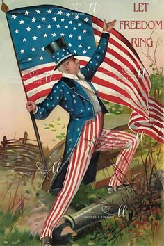 a painting of a man holding an american flag with the words let freedom ring on it