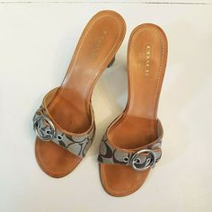 Good Used Condition, a little discoloration on the footbed.  Please see all actual photos.   Size 9 B, stacked look heel measures approx 3.75" at the back.   Brown Logo Canvas with Silver Tone Buckles.   Made in Italy.   Ships Quick from a Smoke Free Home 2000s Shoes, Stacked Heel Sandal, Slide Shoes, Brown Logo, Browning Logo, Birthday Board, Brown Canvas, Slides Shoes, Heel Sandals