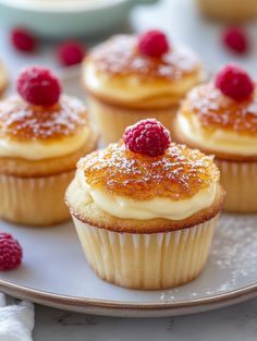 small cupcakes with powdered sugar and raspberries on a white plate