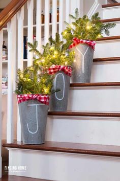 three buckets filled with christmas trees sitting on top of a set of wooden steps