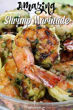 shrimp marinade in a glass bowl with text overlay saying amazing shrimp marinade for the grill