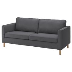 a gray couch with wooden legs on a white background