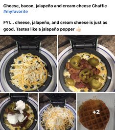 four photos showing different types of waffles and cheese