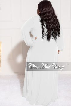 Polyester %: 95 Spandex %: 5 Stretch long dress V-neck Long sleeve Pullstring Slits No closure Hand wash cold Model is wearing a 2X Kimono Plus Size, Chic And Curvy, Maxi Kimono, Ruched Maxi Dress, No Closure, White Maxi, Ivory White, White Formal Dress, Final Sale