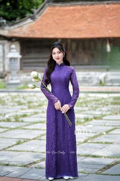 🌻Material: Lace and silk , double layers Stretchy level: 1/10 🌻 The measurement of this ao dai (long dress) is in Vietnamese size (American size tends to be bigger for the same size). Please LOOK AT THE SIZE CHART CAREFULLY BEFORE ORDERING. There might have some chalk writings on the fabric due to making process. These marks can be washed away easily. 🌻🌻No returns or exchanges Buyer can contact seller about any issues with an order. 🌸 Follow us Facebook/aodaiemily www.aodaiemily.com 💜 Than Festive Fitted Cheongsam With Long Sleeves, Elegant Fitted Purple Ao Dai, Festive Formal Fitted Ao Dai, Traditional Long Sleeve Ao Dai For Formal Occasions, Fitted Long Sleeve Cheongsam For Wedding, Traditional Ao Dai For Spring Party, Wedding Long Sleeve Fitted Cheongsam, Spring Party Traditional Ao Dai, Long Sleeve Cheongsam For Wedding