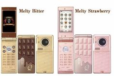 four different cell phones are shown with the same color and design as well as their names