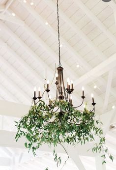 a chandelier with greenery hanging from it's ceiling in a white room