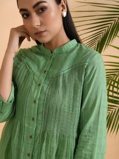 Green Cotton Dobby Shirt with Slip (Set of 2) By The Neem Tree now available at Trendroots Teenage Dress, Baby Fancy Dress, Velvet Dress Designs, Kurti Patterns, Diy Clothes And Shoes, Kurti Designs Latest, Long Kurti Designs, Fashion Sketches Dresses, Dress Neck Designs