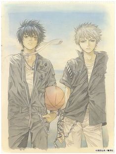 two young men standing next to each other holding a basketball