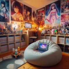 a living room filled with lots of anime posters and books on the wall behind a bean bag chair