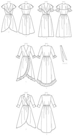 sewing pattern for a dress with ruffles on the shoulders and long sleeves, in three