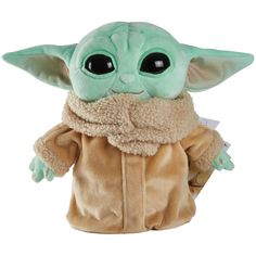 the child yoda plush toy is wearing a brown jacket and has big eyes,