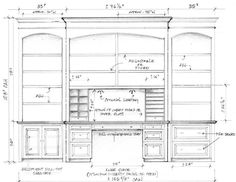 a drawing of a kitchen with cabinets and cupboards on the bottom shelf, along with measurements