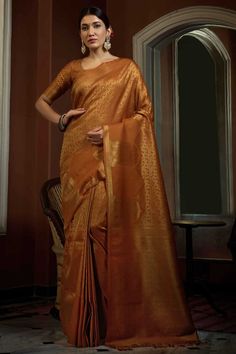 Mustard Silk Saree, Mustard Saree, Banarsi Saree, Kanjivaram Saree, India Wedding, Indian Designer Sarees, Weaving Designs, Readymade Saree, Ethnic Sarees