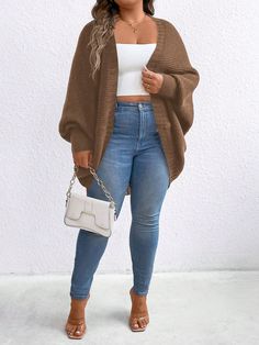 Plus Size Solid Color Casual Asymmetric Hem Long Sleeve Cardigan Camel Casual  Long Sleeve Knitwear Plain  Slight Stretch  Women Plus Clothing, size features are:Bust: ,Length: ,Sleeve Length: Cute Plus Size Fall Outfits, Loose Knit Cardigan, Plus Size Fall, Plus Size Winter, Cardigan Casual, Áo Len Cardigan, Plus Size Cardigans, Knit Long Sleeve