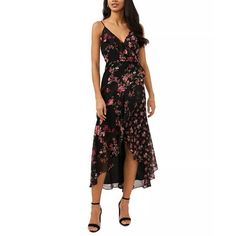 This MSK sleeveless Maxi features a V-Neck, ruffle hem, High low cut. The floral print is is girly and the style makes for a flirty and fun look. Perect for any occasion. Machine Washable. Size: S.  Color: Black.  Gender: female.  Age Group: adult. Flirty Floral Print Maxi Dress, Chic Floral V-neck Dress With Ruffle Hem, Sleeveless Floral Dress With Ruffle Hem, Sleeveless Floral Dress With Ruffle Hem For Party, Spring Floral Dress For Night Out, Sleeveless Floral Dress For Date Night, Spring Sleeveless Flirty Maxi Dress, Spring Flirty Sleeveless Maxi Dress, Flirty Sleeveless Spring Maxi Dress