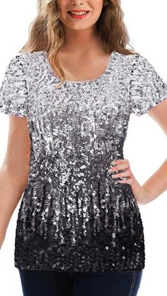 Sparkle Blouse, Sparkly Top, Scoop Neck Blouses, Sequin Shirt, Glitter Party, Sequin Shorts, Sequin Top, Plus Size Blouses